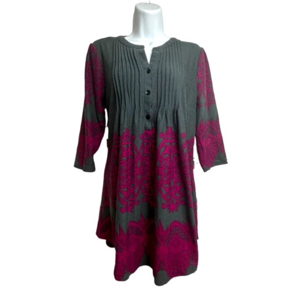 Reborn Pink and Gray Paisley Half Button Down Tunic‎ Boutique
